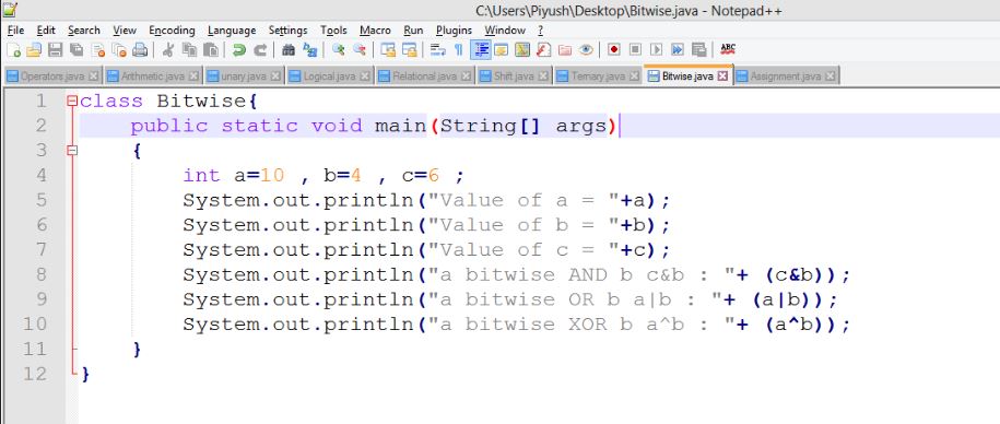 This image describes a sample program of bitwise operators in java.